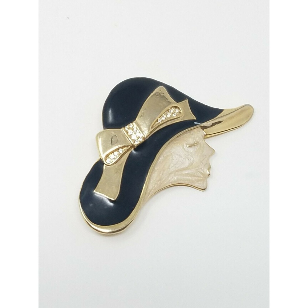Vtg woman face gold tone enamel pin brooch preppy old‎ money royalty whimsical